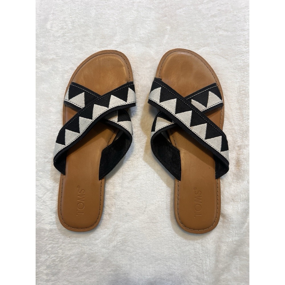 TOMS Viv Black White Tribal Canvas Crossover Slide Sandal 9